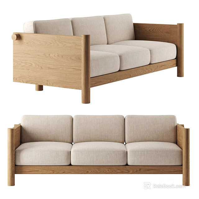Minimalist Three-Seater Sofa With Natural Wooden Frame And Light Linen Cushions 3d model 