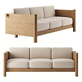 Minimalist Three-Seater Sofa With Natural Wooden Frame And Light Linen Cushions