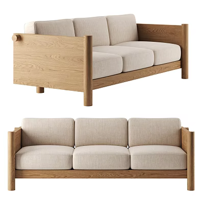 Minimalist Three-Seater Sofa With Natural Wooden Frame And Light Linen Cushions 3d model