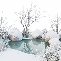 Winter Garden Ornament Design With Snow Covered Stones Pond And Bare Branches