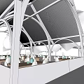Outdoor Pavilion Featuring Gabled Roof Arched Framework Lawn Trees Tables And Chairs