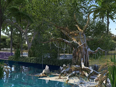 Serene Garden Landscape With Ancient Banyan Tree And Clear Pond Surrounded By Lush Green Plants 3d model