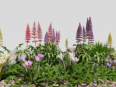 Diverse Garden Flowers With Pink Purple Yellow Blooms And Lush Green Leaves 3d model