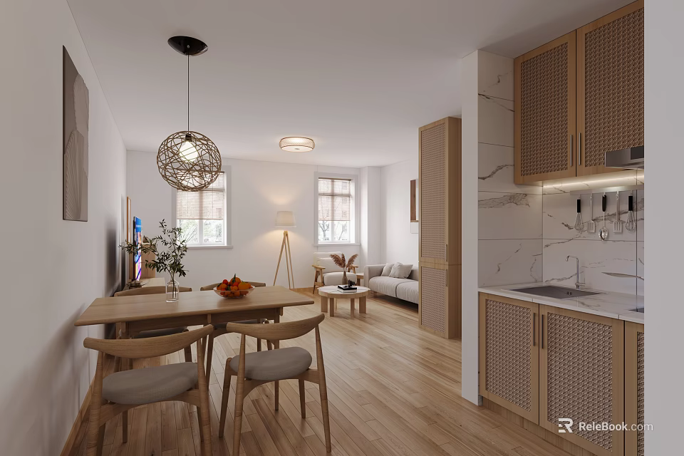 Modern Living and Dining Room Interior With Wooden Table Chairs Pendant Light And Open Kitchen 3d model 