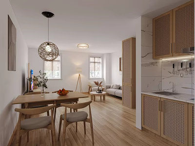 Modern Living and Dining Room Interior With Wooden Table Chairs Pendant Light And Open Kitchen 3d model