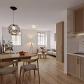 Modern Living and Dining Room Interior With Wooden Table Chairs Pendant Light And Open Kitchen