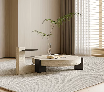 Modern Round Stone Coffee Table With Potted Plant Book Curtain And Rug In Interior 3d model