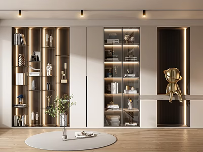 Modern Bookcase Interior With Wooden Shelves Glass Doors Books and Decor Items 3d model
