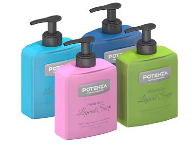 POTENZA Liquid Soap Collection With Blue Pink Green Pump Bottles For Daily Use 3d model