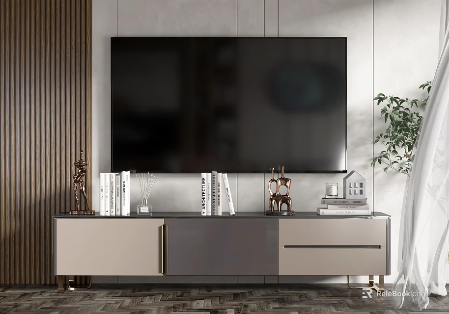 Modern TV Stand in Living Room with Books Decorative Ornaments and Potted Plant 3d model 