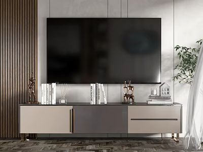 Modern TV Stand in Living Room with Books Decorative Ornaments and Potted Plant 3d model
