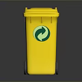 Yellow Trash Bin With Wheels And Green Recycle Logo On Lid