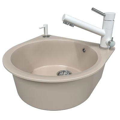 Beige Round Ceramic Kitchen Sink With White Swivel Faucet And Single Bowl Design 3d model