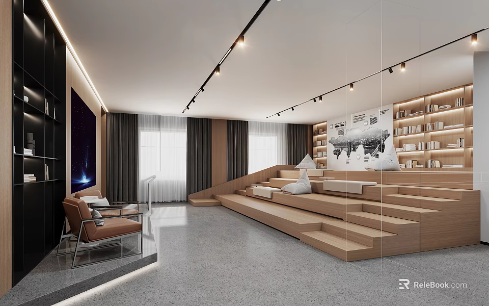 Modern Conference Room With Stepped Seating Built in Bookshelves And World Map Wall Art 3d model 