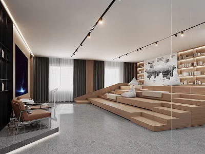 Modern Conference Room With Stepped Seating Built in Bookshelves And World Map Wall Art 3d model