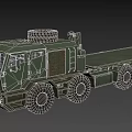 Green Military Truck with Flatbed Trailer Spare Tire on Top and Multiple Large Wheels