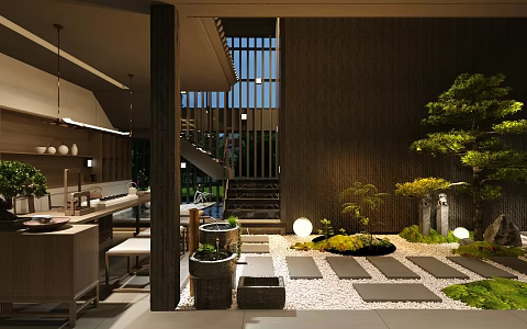 New Chinese-style Teahouse Tea Table and Chair Combination Courtyard Landscape Sick Green Plant Heap Entry Landscape Stair Landscape 3d model