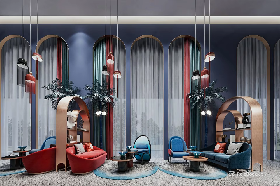 Modern Living Room Sofa and Coffee Table Set With Red Blue Seats Hanging Lamps and Potted Plants 3d model 