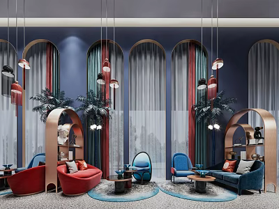 Modern Living Room Sofa and Coffee Table Set With Red Blue Seats Hanging Lamps and Potted Plants 3d model