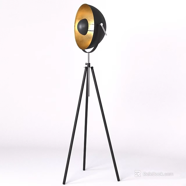 Modern Floor Lamp With Tripod Stand And Metallic Gold Black Shade Design 3d model 