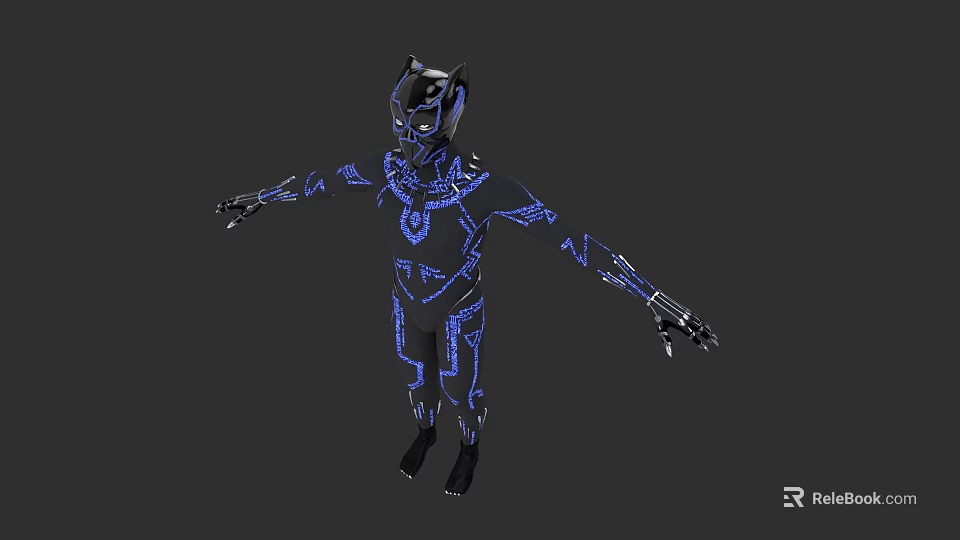 Game and Movie Character With Black Body Blue Glowing Patterns And Helmet Structure 3d model 