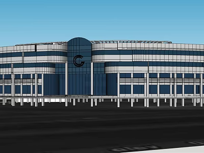 Modern Office Building With Glass Facade Circular Logo Front Columns And Design 3d model