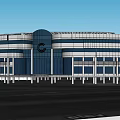 Modern Office Building With Glass Facade Circular Logo Front Columns And Design