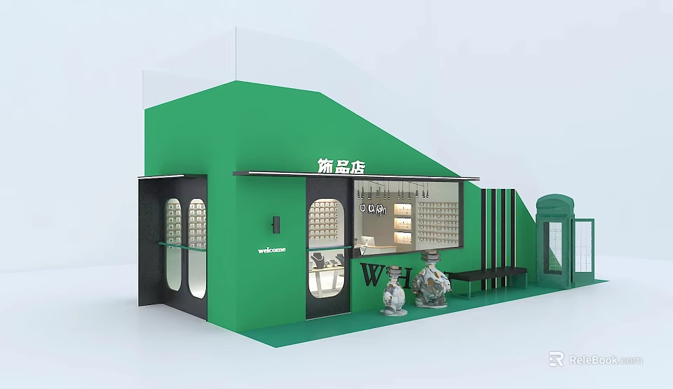 Modern Green Jewelry Store Interior With Glass Display Cases And Accessories 3d model 
