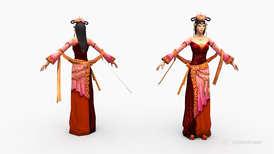 Game Movie Character Traditional Red Pink Outfit With Ornate Hairpiece Flowing Ribbons Front Back Views 3d model 