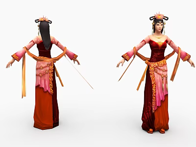 Game Movie Character Traditional Red Pink Outfit With Ornate Hairpiece Flowing Ribbons Front Back Views 3d model