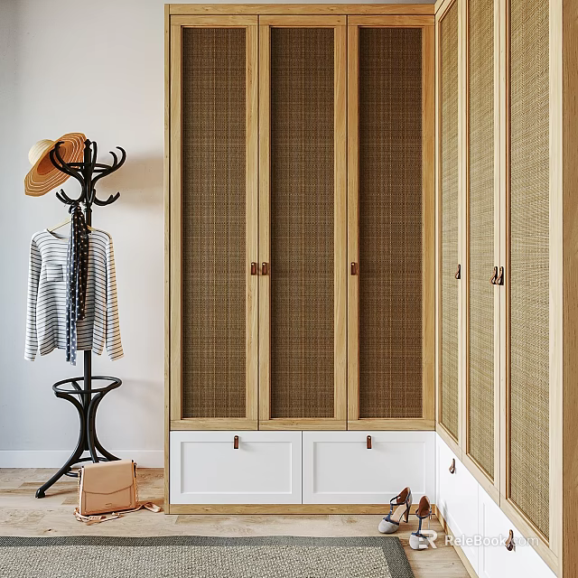 Wooden Wardrobe Featuring Rattan Doors White Drawers and Clothes Rack with Hat Shirt Bag 3d model 
