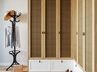 Wooden Wardrobe Featuring Rattan Doors White Drawers and Clothes Rack with Hat Shirt Bag 3d model
