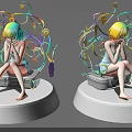 Colorful Female Figure Sculpture with Curly Decorations Stars and Music Notes on White Pedestal