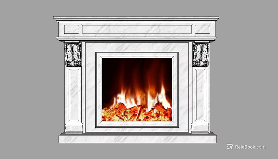 Elegant Marble Fireplace With Decorative Columns Burning Fire And Wood Logs 3d model 