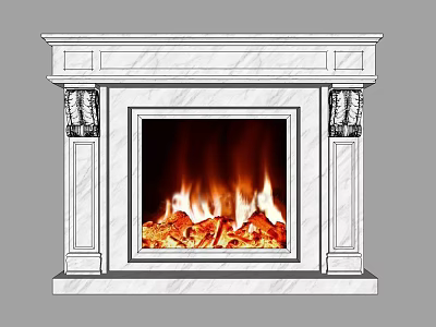 Elegant Marble Fireplace With Decorative Columns Burning Fire And Wood Logs 3d model