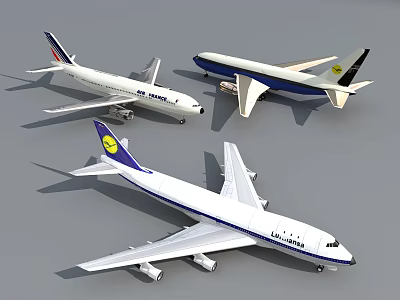 Three Passenger Airplane Models Displaying White Blue Bodies And Yellow Tail Logos 3d model