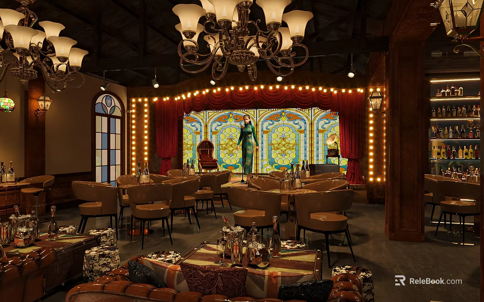 Vintage Bar Interior With Stained Glass Chandeliers Red Curtains And Leather Chairs 3d model 