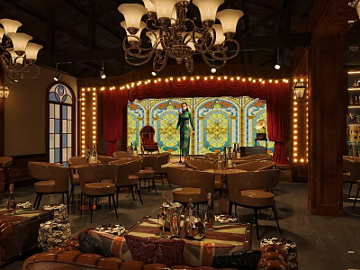 Vintage Bar Interior With Stained Glass Chandeliers Red Curtains And Leather Chairs 3d model