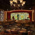 Vintage Bar Interior With Stained Glass Chandeliers Red Curtains And Leather Chairs