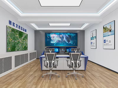 Modern Control Room With Large Monitoring Screens Control Consoles Wall Maps And Office Chairs 3d model