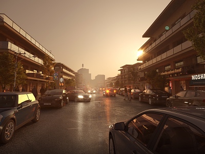 Modern Commercial Street Dusk Street 3d model