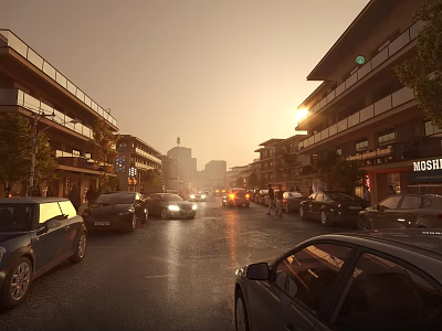Commercial Street View with Cars Driving and Buildings on Both Sides at Sunset 3d model