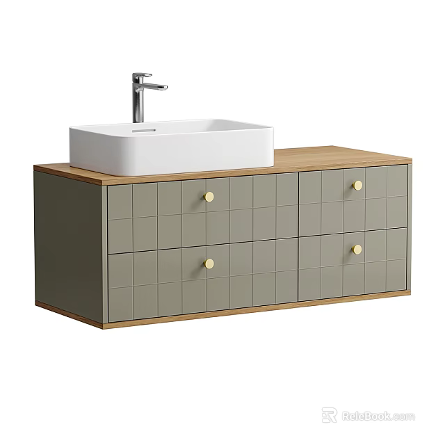 Bathroom Vanity With Grey Grid Panel Cabinet Gold Knobs Wooden Countertop And White Vessel Sink 3d model 