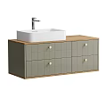 Bathroom Vanity With Grey Grid Panel Cabinet Gold Knobs Wooden Countertop And White Vessel Sink