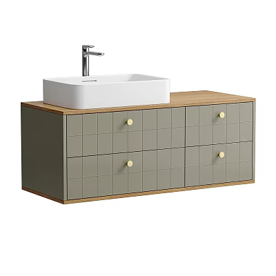 Bathroom Vanity With Grey Grid Panel Cabinet Gold Knobs Wooden Countertop And White Vessel Sink 3d model