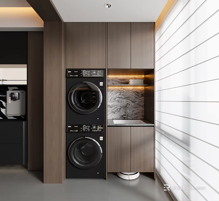 Modern Home Balcony With Stacked Washing Machine Dryer Sink Cabinets And White Striped Wall 3d model 