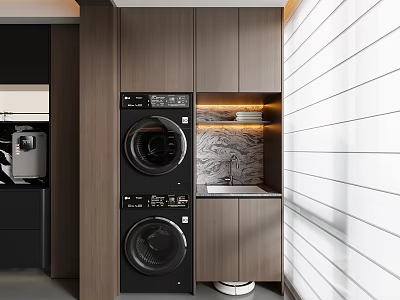 Modern Home Balcony With Stacked Washing Machine Dryer Sink Cabinets And White Striped Wall 3d model
