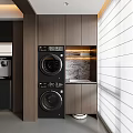 Modern Home Balcony With Stacked Washing Machine Dryer Sink Cabinets And White Striped Wall