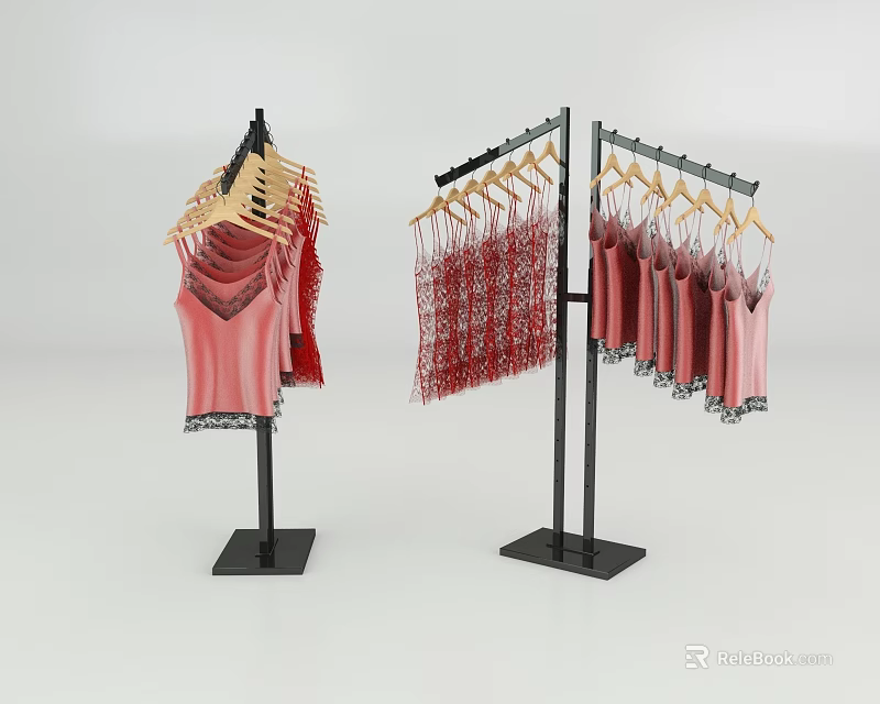 Stylish Clothing Display Racks With Pink Camisoles Red Garments And Wooden Hangers 3d model 