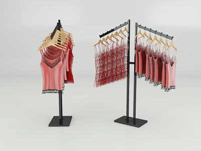 Stylish Clothing Display Racks With Pink Camisoles Red Garments And Wooden Hangers 3d model